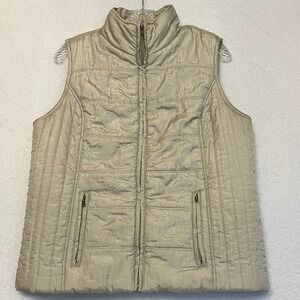 Liz Claiborne Puffer Vest Quilted Full Zip Sleeveless Jacket Tan Beige Pockets L